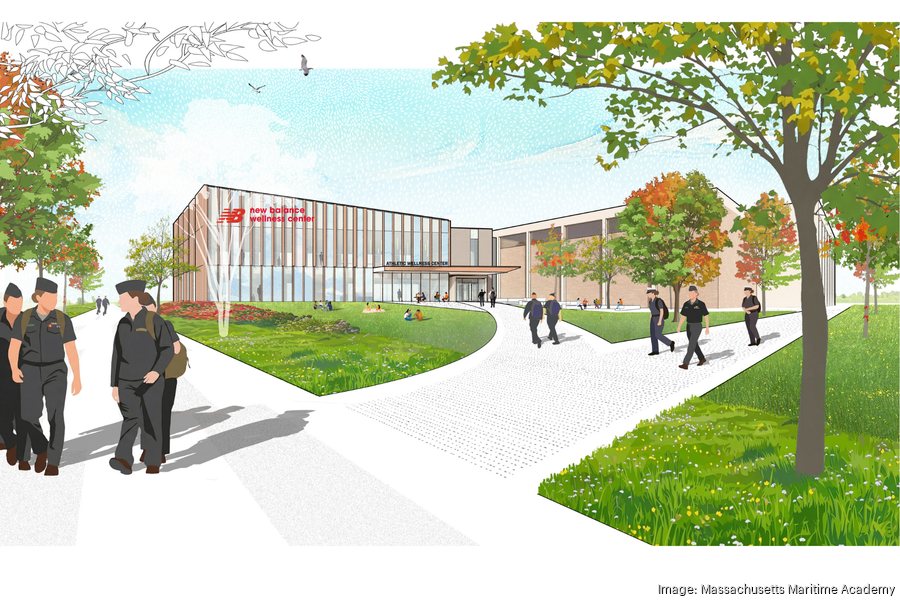 Architect's rendering of the New Balance Wellness Center at the Clean Harbors Athletic Facility, with cadets walking past